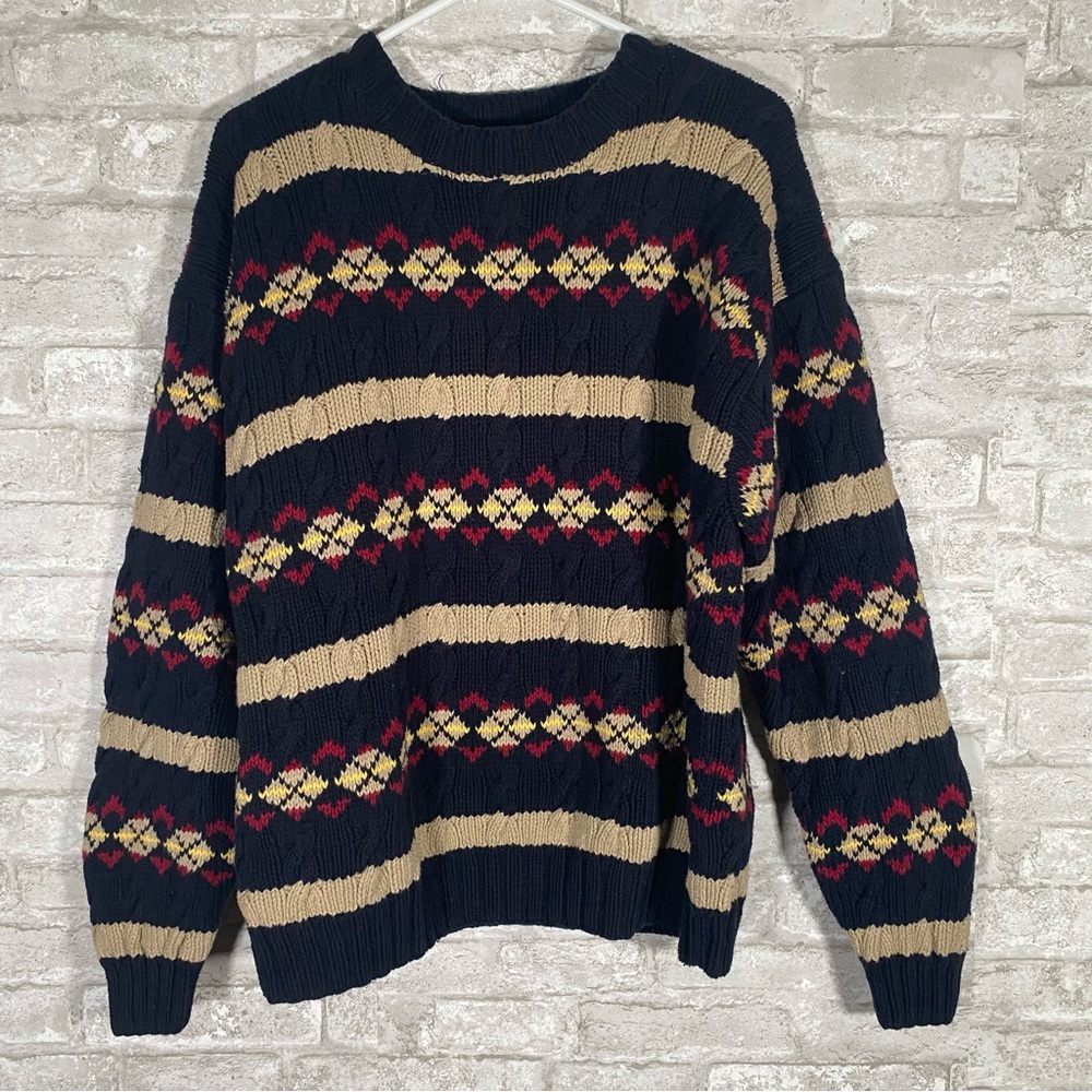 Vintage handknitted colorful cable knit Sweater men’s size large 100% cotton